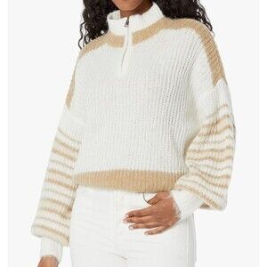 French Connection Nika Quarter Zip Sweater Bishop Slv Wool Blend Cream Tan XL